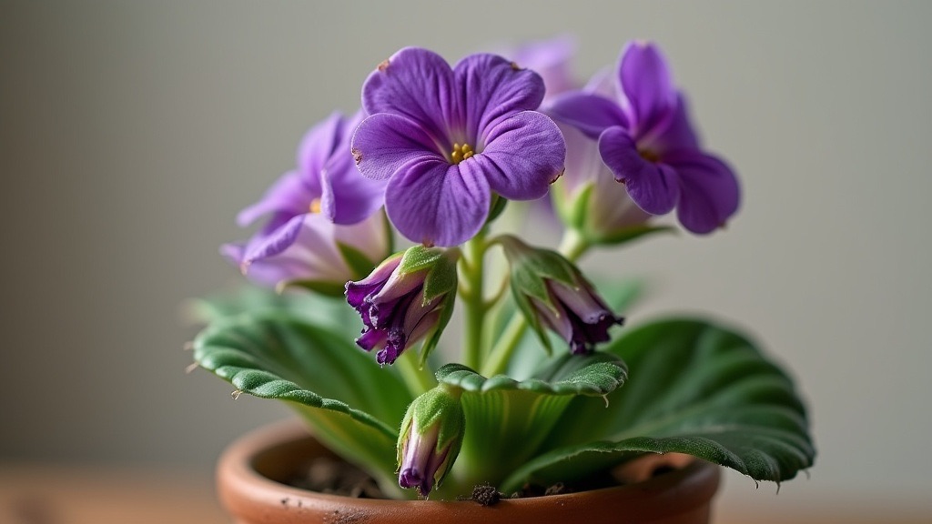 Diferentes estados de floración en una violeta africana